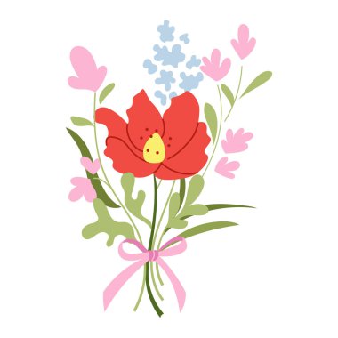 Narin el çizimi kır çiçeği buketi. Yabani çayır otları ve büyük kırmızı haşhaş içeren yassı renkli çiçek kompozisyonu. Kartlar, ambalajlar, kırsal tasarım projeleri için dekoratif botanik ögesi