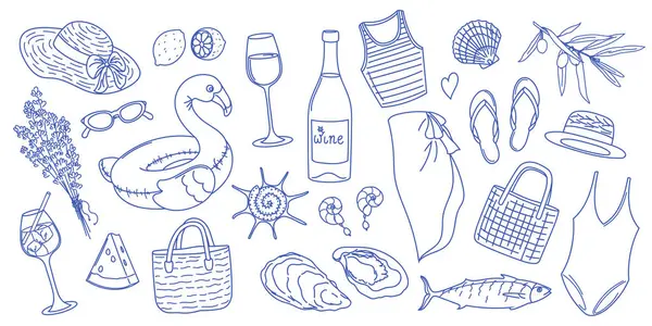El çizimi doğrusal yaz elementlerinin vektör çizimleri. Taslak simge koleksiyonu plaj giysileri, deniz ürünleri, içecekler, aksesuarlar, lavanta ve deniz kabukları içerir. Tatil temaları tasarımı, yazdırma, dekorasyon için dizayn