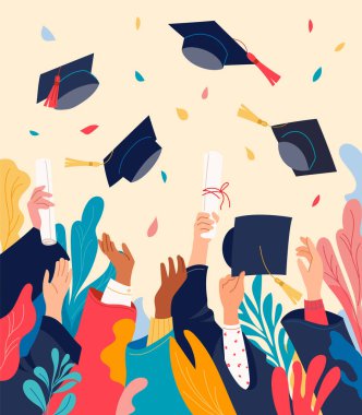 Diplomaları olan ve mezuniyet şapkaları fırlatan akademik giysili mutlu öğrenciler. Başarının, başarının, üniversitenin sonunun kutlanması. Davetiye ya da afiş için şenlik tasarımı. Vektör eğitimi temalı illüstrasyon
