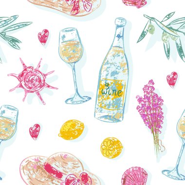 Şarap şişesi, lavanta, deniz kabuğu ve şapka ile kusursuz yaz şablonu yumuşak grunge efektli el yapımı vektör tasarımı baskılar için neşeli yaz havası ve cazibe yaratır, tekstil, ambalaj kağıdı