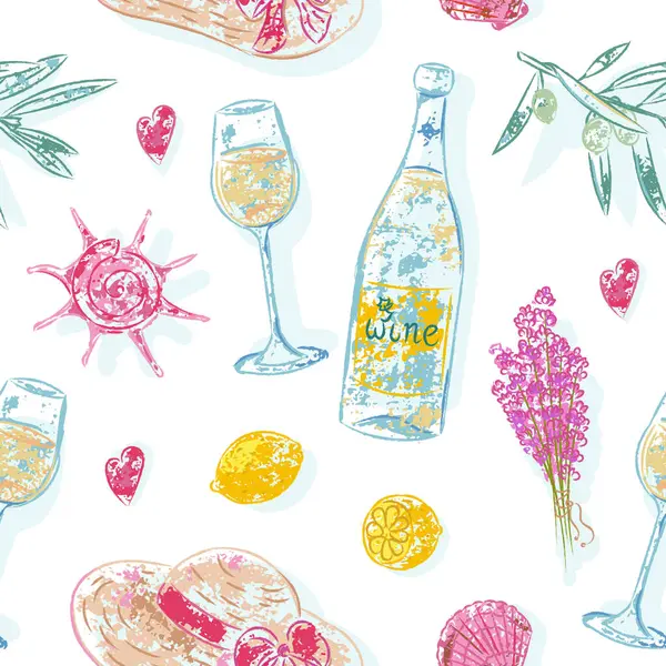 Şarap şişesi, lavanta, deniz kabuğu ve şapka ile kusursuz yaz şablonu yumuşak grunge efektli el yapımı vektör tasarımı baskılar için neşeli yaz havası ve cazibe yaratır, tekstil, ambalaj kağıdı