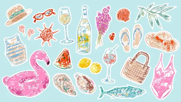 Plaj aksesuarları, deniz ürünleri, içecekler ve deniz kabuklarıyla dolu vektör yaz tatili etiketi. Grunge tarzında elle çizilmiş elementler. Tatil tasarımı, seyahat dekorasyonu, yazdırma için renkli Clipart