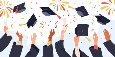 Diploma tutan, mezuniyet şapkalarını çıkaran, kolej başarısının sembolünü tamamlayan, eğitim daveti temalı Vector tasarımı ve pankart taşıyan akademik elbiseli eller.