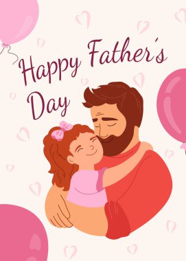 Babalar Günün kutlu olsun baba ve kız sevgi ve şefkatle kucaklaşıyorlar. Babası pembe elbiseli, kalp geçmişi olan bir kız. Tebrik kartı, bayram posteri ya da afiş için sevimli çizgi film vektör çizimi