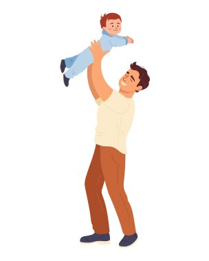 Mutlu baba, küçük oğlunu havaya kaldırıyor. Baba çocuğuyla oynuyor, neşeli aile zamanı. Ebeveyn sevgisinin vektör çizimi izole edilmiş. Babalar Günü kartları ve aile temalı tasarımlar için mükemmel.