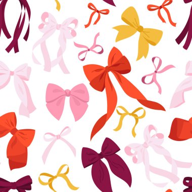 Beyaz arka planda çeşitli dekoratif fiyonkları olan renksiz bir vektör deseni. Hediye paketleme, doğum günü dekorasyonu, tebrik kartları, tekstil, kumaş, hatıra defteri ve ambalaj baskısı için parlak festival tasarımı