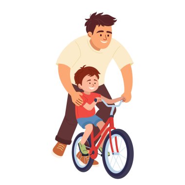 Baba oğluna bisiklet sürmeyi öğretiyor. Vector çiziminde mutlu baba bisikletli oğlunu destekliyor. Ebeveynlik ve açık hava aktiviteleri Babalar Günü kartı, aile posteri, afiş için şirin karikatür sahneleri