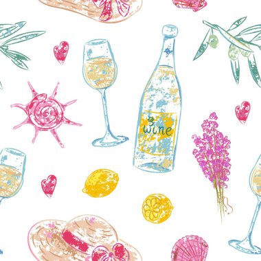 Şarap şişesi, lavanta, deniz kabuğu ve şapka ile kusursuz yaz şablonu yumuşak grunge efektli el yapımı vektör tasarımı baskılar için neşeli yaz havası ve cazibe yaratır, tekstil, ambalaj kağıdı