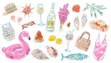 Plaj aksesuarları, deniz ürünleri, içecekler ve deniz kabukları ile el yapımı unsurlar içeren yaz tatili illüstrasyonları. Tatil tasarımı, seyahat dekorasyonu, yazdırma için renkli Clipart