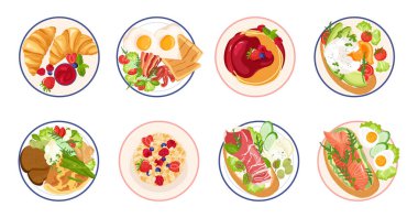 Farklı ülkelerden gelen geleneksel besleyici kahvaltı yemekleri. Yumurta, kruvasan, krep, tost, mısır gevreği ve taze sebzeler yemek tasarımı, sağlıklı beslenme ve menü dekorasyonu için mükemmel.