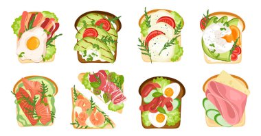 Kahvaltıda farklı sağlıklı malzemeli tost. Yumurta, avokado, somon, jambon, domates, salata, salatalık. Ekmek Vektörü illüstrasyonunun dilimleri izole edilmiş