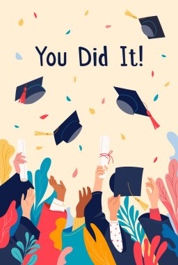 Mezuniyetin için tebrikler. - Başardın! Diploma alan ve mezuniyet şapkası fırlatan mutlu öğrenciler. Başarının kutlanması, üniversitenin sonu. Vektör eğitim illüstrasyonu, kart, afiş