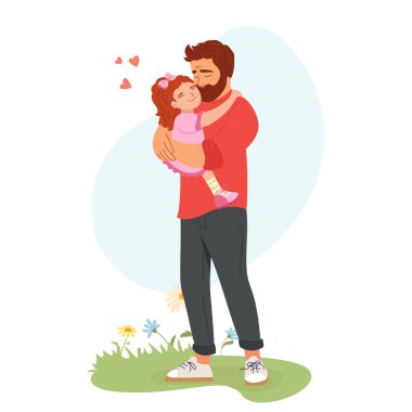 Baba kızına sevgiyle ve şefkatle sarılıyor babasının kollarında tatlı küçük kız, her ikisi de neşeyle gülümsüyor. Babalar Günü tebrik kartı, bayram posteri ya da afişi için şirin çizgi film vektör çizimi