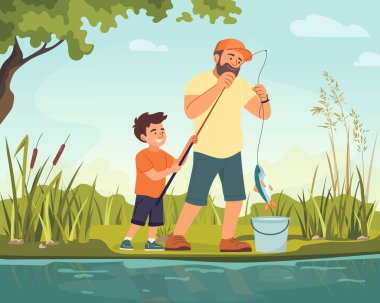 Baba ve oğul güneşli bir günde nehirde balık tutmanın keyfini çıkarıyorlar. Yaz doğa manzarası. Aile açık hava eğlencesi. Babalar Günü kartı, afişi, posteri, tasarımı için vektör karikatürü çizimi