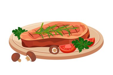 Ahşap tahtada ızgara biftek, domates, mantar ve otlar. Düz bir şekilde nefis barbekü yemeği. Pankart, poster ve baskı için tasarım elemanı. Barbekü partisi için yaz vektör illüstrasyonu