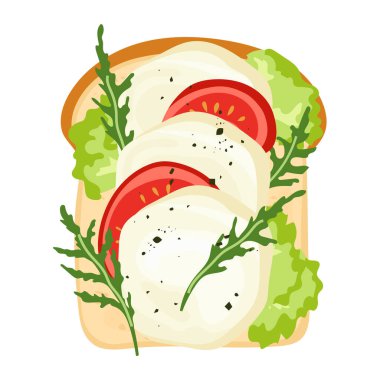 Makarella ve domates dilimleri, roka ve krem peynirli vejetaryen kahvaltısı ve atıştırmalık ile sağlıklı tostun vektör çizimi. Kart, afiş, poster, baskı veya gıda tasarımı için mükemmel