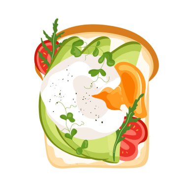 Haşlanmış yumurta, avokado dilimleri, domates, roka ve krem peynirli vejetaryen kahvaltısı ve atıştırmalık. Kart, pankart, poster, baskı veya yiyecek tasarımı ögesi için vektör illüstrasyonu