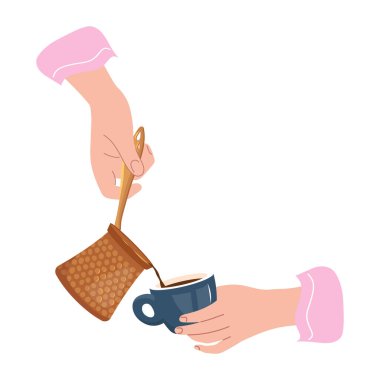 Geleneksel bakır kahveden zengin aromatik kahveyi porselen espresso bardağı taşıyıcısına döken eller afiş, poster ve baskı için Türk kahve demliği tasarlıyor. Güne başlamak için mis kokulu kahve ritüeli