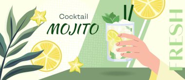 Bardakta limon, buz, nane yaprağı ve pipet ile mojito kokteyli olan vektör pankartı. Renkli bir yaz içeceği. Tropikal yapraklı düz tasarım. Baskı için narenciye, bar promosyonu, parti davetiyesi.