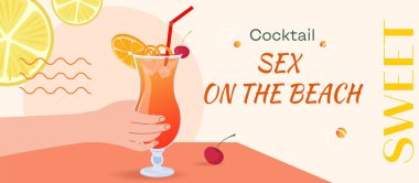 Plajda Kokteyl Seks ile vektör pankartı. Yaz mevsiminde meyve ve alkollü içeceklerle el ele tutuşmak. Yaz tatili için düz tasarım, eğlence konsepti, baskı, bar promosyonu, parti davetiyesi
