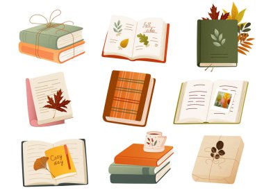 Sonbahar ruh hali taşıyıcı kitap koleksiyonu mevsimsel elementlerle. Sonbahar kartı, afiş, poster, baskı veya dekor projesi için yapraklı, çaylı ve notlu sıcak desenli çizimler