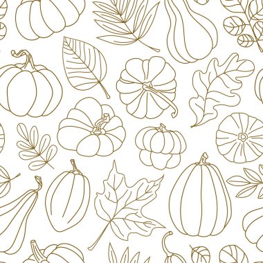 Kusursuz desenli, el yapımı balkabağı ve sonbahar yapraklı narin bir taslak. Beyaz arka planda zarif botanik tasarımı. Çevre ambalajı, ambalaj, sonbahar kartı ya da mevsimlik baskı için mükemmel