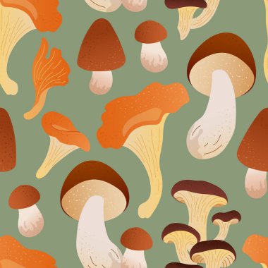 Sıcak sonbahar renklerinde yenilebilir mantarlı kare tekrar deseni. Paket kağıdı, ambalaj, sonbahar afişi veya kırsal baskı için yeşil zeminde izole edilmiş pürüzsüz orman unsurları