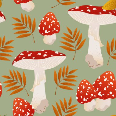 Sinek mantarları ve sonbahar yapraklarıyla kare şeklini tekrarla. Parlak kırmızı ve turuncu palet, sıcak bir sonbahar hissi. Mevsimlik kart, tekstil, bayrak, ambalaj veya botanik baskılar için kusursuz desenli