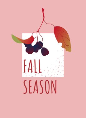 Kırmızı yapraklı sonbahar kartı ve pembe arka planda koyu yaban mersini. Mevsimlik harflerle moda sonbahar tasarımı. Sonbahar sezonu. Baskı, afiş ya da rahat atmosferi olan poster için desenli illüstrasyon