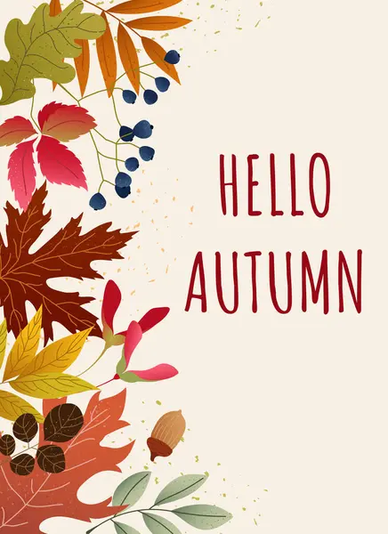 Renkli yaprakları, meşe palamudu, böğürtlen ve dokulu arkaplanı olan vektör sonbahar kartı. Ormanlık alanda rahat bir şekilde selamlaşın. Mevsimlik baskı, afiş ya da kartpostal için sonbahar dikey tasarımı