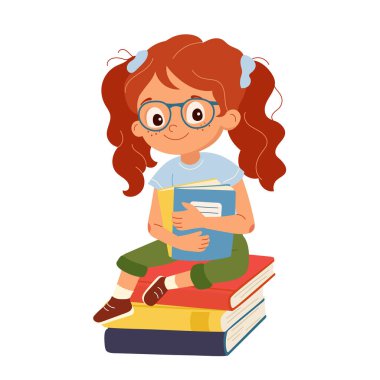 Bir yığın kitabın üzerinde oturan neşeli kızıl saçlı kız. Okuma aşığı. Eğitim materyalleri için çizgi film vektör karakter çizimi, çocukların tasarım öğrenmesi, kırtasiye ve okul projelerine geri dönmesi