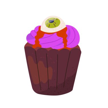 Üstünde pembe krema ve ürkütücü göz bebekleri olan Cadılar Bayramı keki. Ürkütücü tatil tasarımı, çizgi film çocuk baskısı, parti broşürü dekorasyonu için korkutucu ve komik tatlıların desenli vektör çizimi