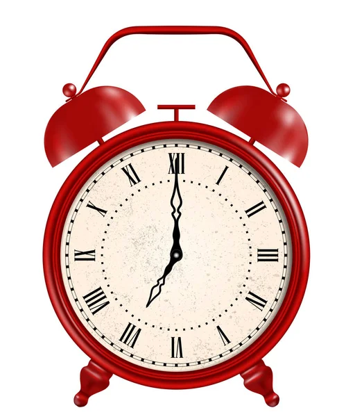 赤い現実的なビンテージ目覚まし時計上の白い背景のフロントビューベクトルイラスト — ストックベクタ