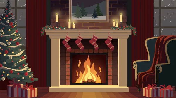 クリスマスの夜のインテリア 装飾された木の暖炉とギフト ベクターのイラスト — ストックベクタ