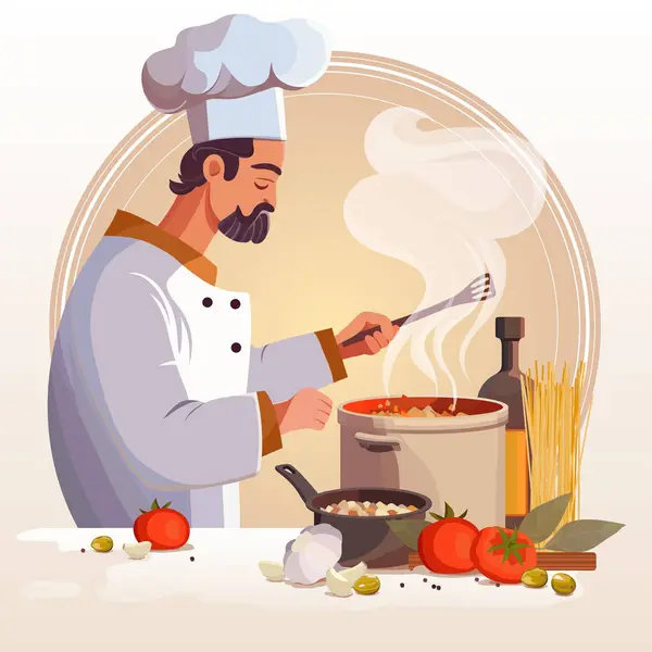 Uomo Che Cucina Cucina Illustrazione Vettoriale Stile Piatto Canale Cottura — Vettoriale Stock