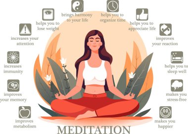 Kadın doğada meditasyon yapıyor ve gidiyor. Meditasyonun faydaları, düz çizgi film stilinde vektör illüstrasyonuName