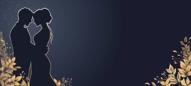 Fotokopi alanı olan lüks düğün davetiyesi. Koyu arkaplan vektör çiziminde altın yapraklı altın renkli siluet çift