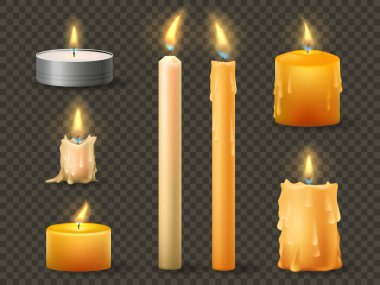 A realistic burning candles. Different types of a celebration wax candles. Vector set of isolated candles on a transparent background.