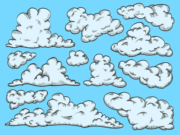 Vintage Eingravierte Wolken Set Von Retro Skizzenwolken Vektorillustration — Stockvektor