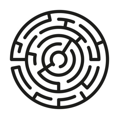 Labirent çemberi. Tek girişi ve hedefi olan labirent. Siyah vektör labirent simgesi beyaz arkaplanda izole edildi. Tek çözümü olan çember bulmaca