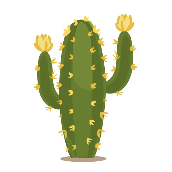 stock vector A simple illustration of a green cactus with yellow flowers, isolated on a white background.