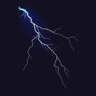 Canlı bir mavi yıldırım, dişli şekillerde aşağıya doğru uzanır ve doğanın ham gücünü gösterir. Karanlık zemin elektrik enerjisini ve dramatik etkiyi vurguluyor..