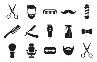 Çeşitli berber araç ve sembolleri temsil eden siyah siluet simgelerinden oluşan bir koleksiyon. Makas, tarak ve jilet. Berber dükkanı ve tımar hizmetlerinde kullanılır..