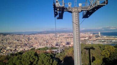 Barcelona, Spain - December 11 2022: 8K Beautiful Panorama View From The Interior Of The Montjuic Cable Car (Telefric de Montjuc) With A Beautiful Panorama Of Barcelona, Catalonia, Spain - 8K UHD (7680 x 4320)