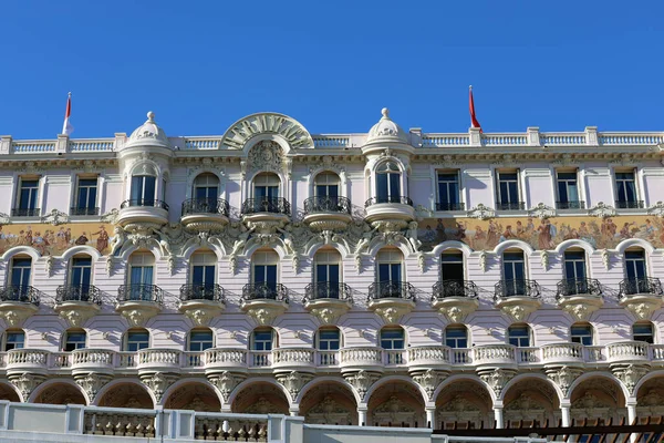 Monte Carlo Mônaco Abril 2023 Fachada Barroca Cativante Luxuoso Hermitage — Fotografia de Stock