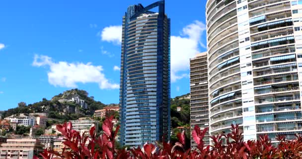 Monte Carlo Monaco May 2023 Futuristic Odeon Tower Skyscraper Stands — Stock Video