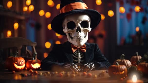 Анимация Скелета Фокусника Черном Наряде Волшебной Шляпе Сидящего Столом Подсветкой — стоковое видео