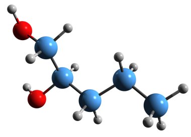  Pentilen Glikol iskelet formülünün 3 boyutlu görüntüsü - beyaz arkaplanda izole edilmiş Metiletilen glikol moleküler kimyasal yapısı