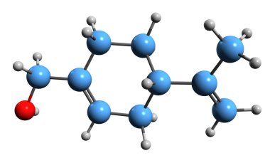 Perillyl alkol iskelet formülünün 3 boyutlu görüntüsü - beyaz arka planda izole edilmiş tek heceli terpenin moleküler kimyasal yapısı