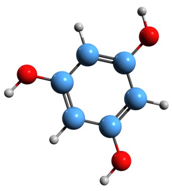 Phloroglucinol iskelet formülünün 3 boyutlu resmi - beyaz arkaplanda izole edilmiş polifenolün moleküler kimyasal yapısı